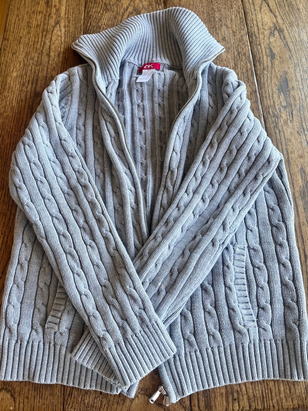 Anne Klein Sport Gray Cable Knit Full Zip Mock Neck Sweater - Size L - vintage - Picture 3 of 9